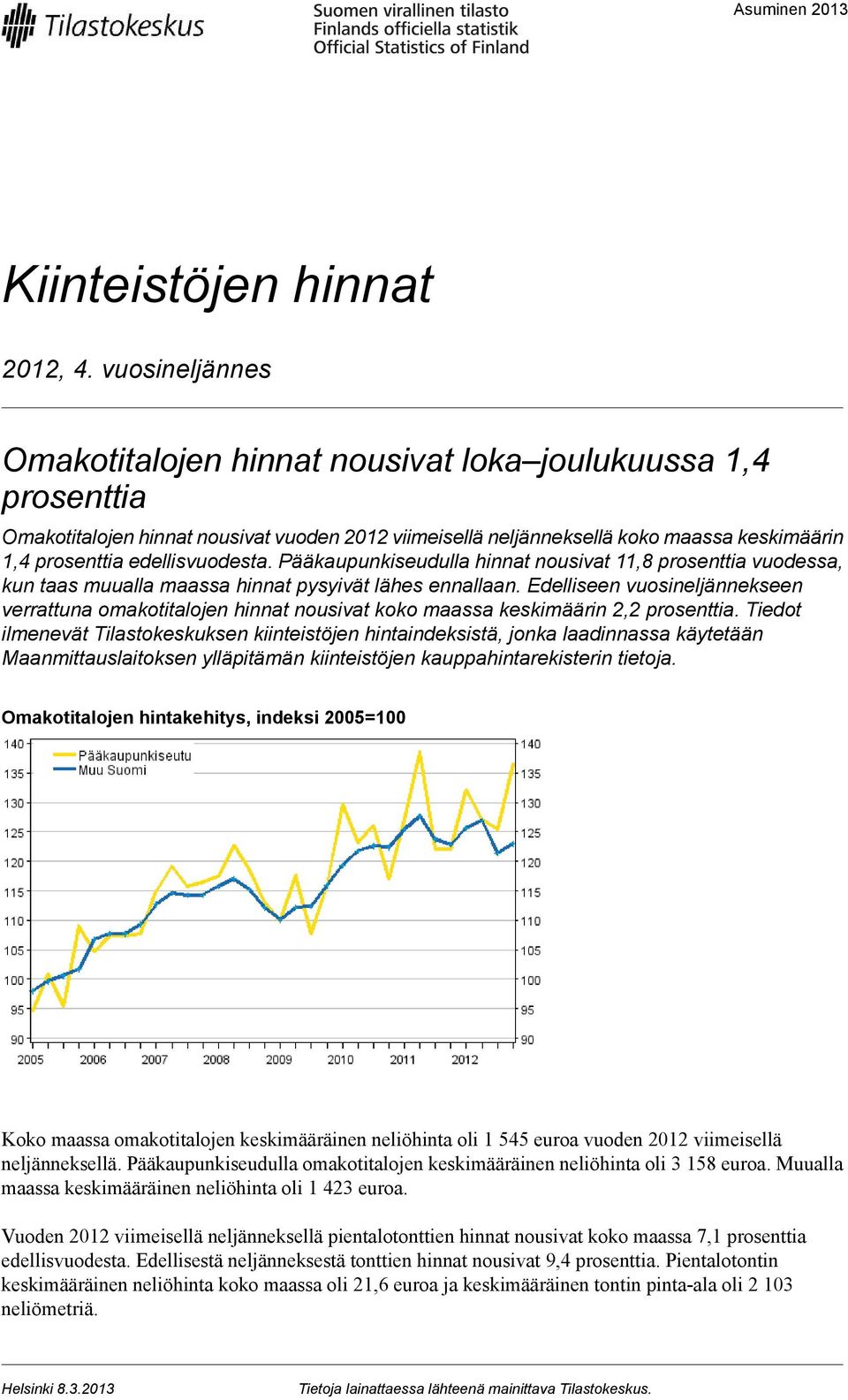 edellisvuodesta. Pääkaupunkiseudulla hinnat nousivat 11,8 prosenttia vuodessa, kun taas muualla maassa hinnat pysyivät lähes ennallaan.