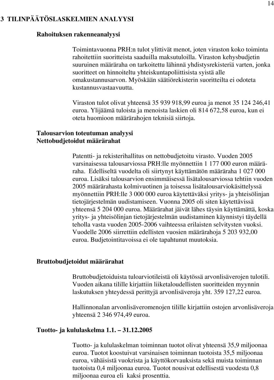 Myöskään säätiörekisterin suoritteilta ei odoteta kustannusvastaavuutta. Viraston tulot olivat yhteensä 35 939 918,99 euroa ja menot 35 124 246,41 euroa.