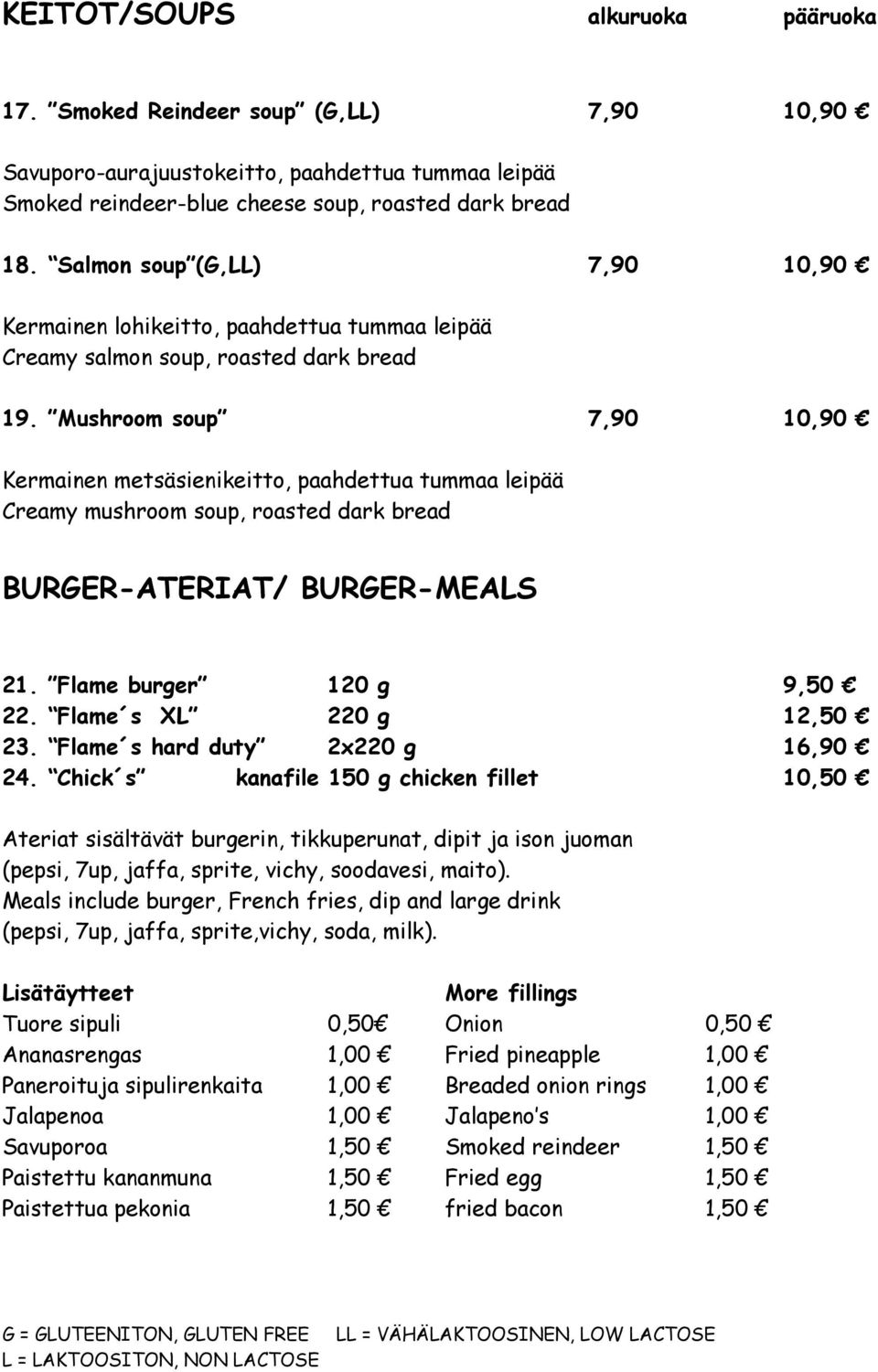 Mushroom soup 7,90 10,90 Kermainen metsäsienikeitto, paahdettua tummaa leipää Creamy mushroom soup, roasted dark bread BURGER-ATERIAT/ BURGER-MEALS 21. Flame burger 120 g 9,50 22.