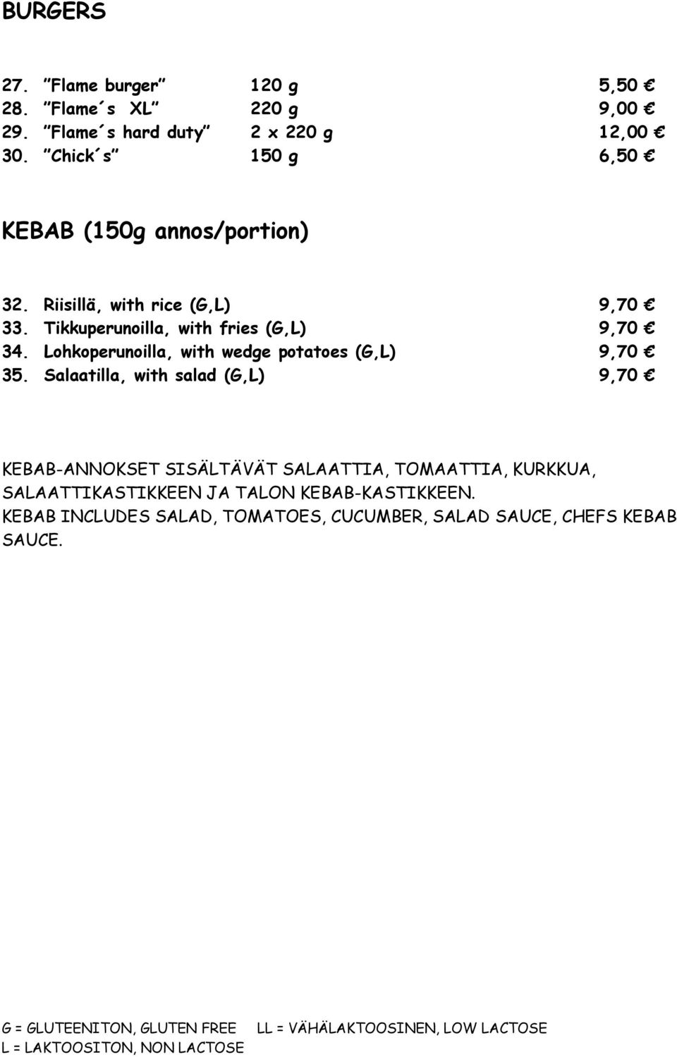 Tikkuperunoilla, with fries (G,L) 9,70 34. Lohkoperunoilla, with wedge potatoes (G,L) 9,70 35.