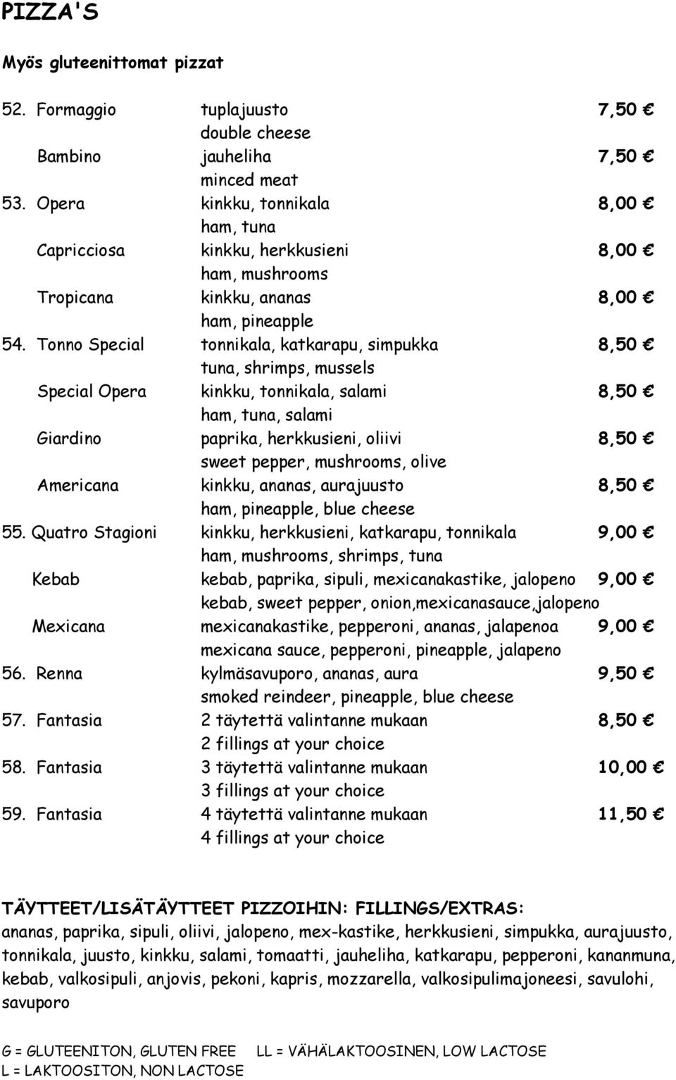 Tonno Special tonnikala, katkarapu, simpukka 8,50 tuna, shrimps, mussels Special Opera kinkku, tonnikala, salami 8,50 ham, tuna, salami Giardino paprika, herkkusieni, oliivi 8,50 sweet pepper,