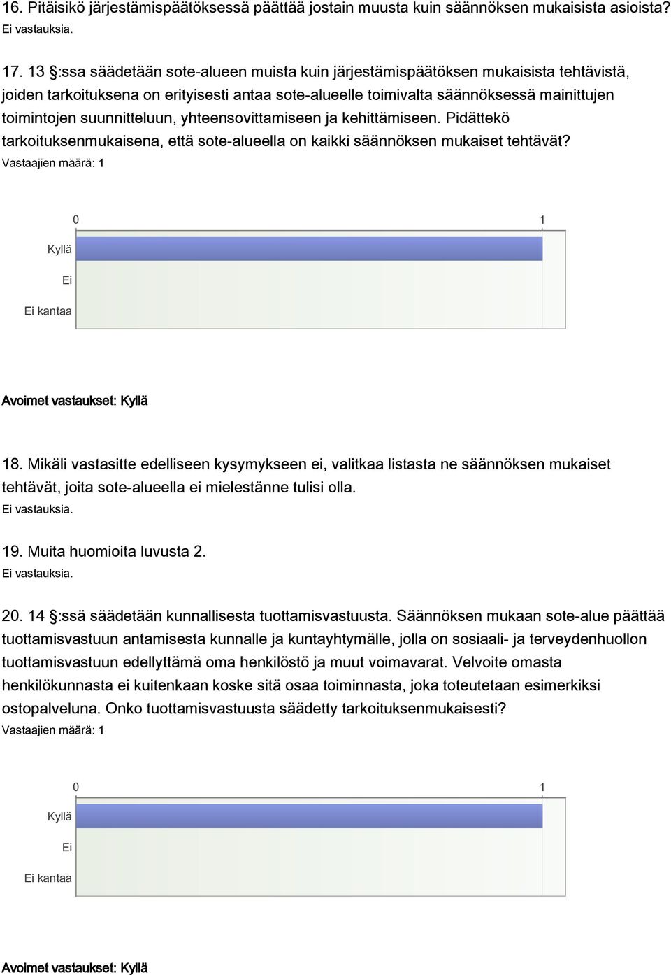 suunnitteluun, yhteensovittamiseen ja kehittämiseen. Pidättekö tarkoituksenmukaisena, että sotealueella on kaikki säännöksen mukaiset tehtävät? Avoimet vastaukset: 18.