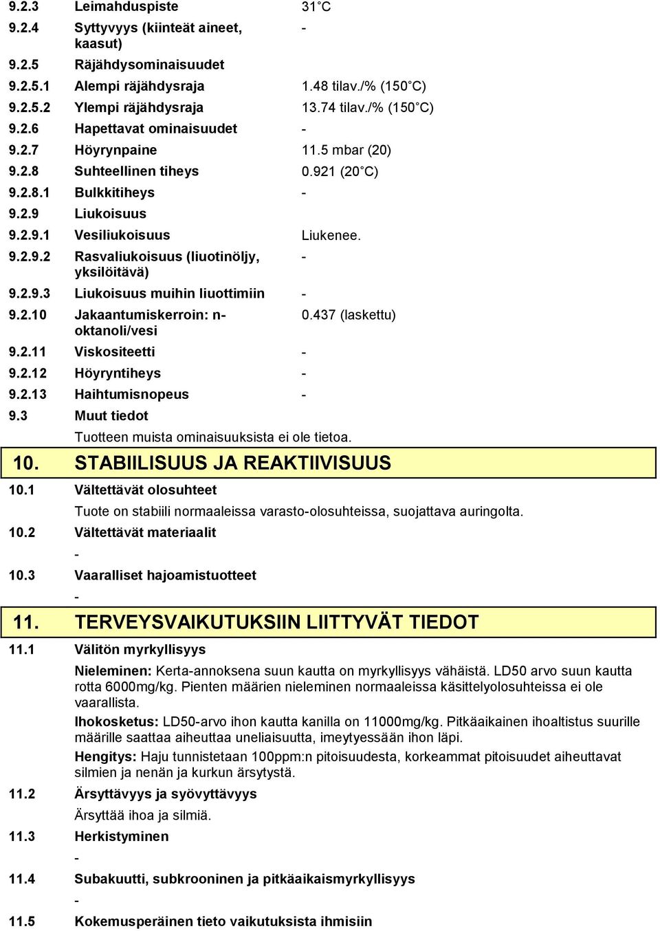 2.10 Jakaantumiskerroin: n oktanoli/vesi 9.2.11 Viskositeetti 9.2.12 Höyryntiheys 9.2.13 Haihtumisnopeus 9.3 Muut tiedot 0.437 (laskettu) Tuotteen muista ominaisuuksista ei ole tietoa. 10.