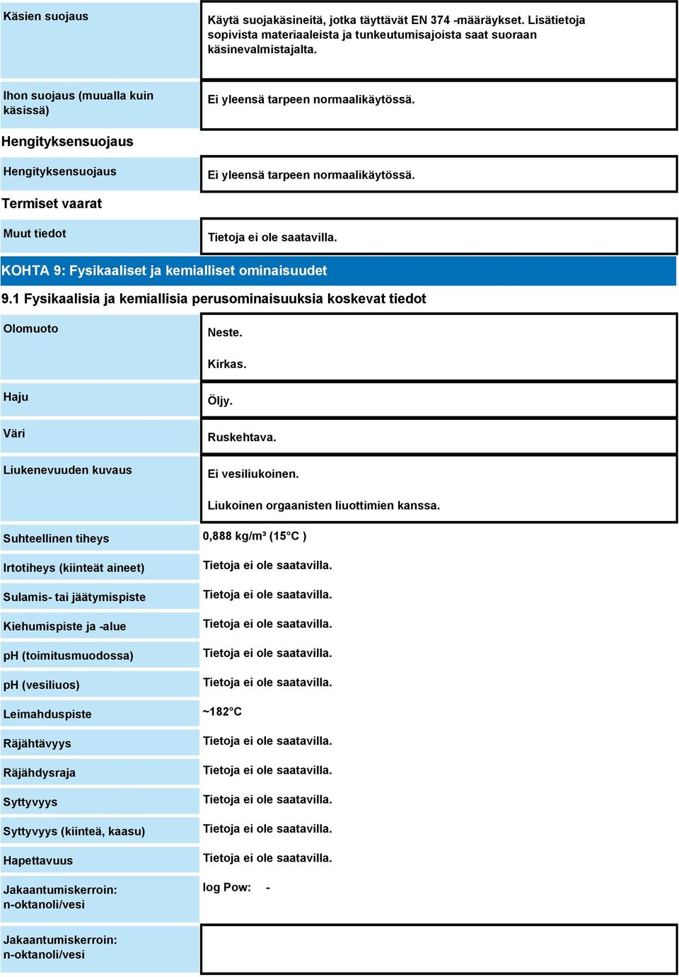 Termiset vaarat KOHTA 9: Fysikaaliset ja kemialliset ominaisuudet 9.1 Fysikaalisia ja kemiallisia perusominaisuuksia koskevat tiedot Olomuoto Neste. Kirkas. Haju Väri Liukenevuuden kuvaus Öljy.