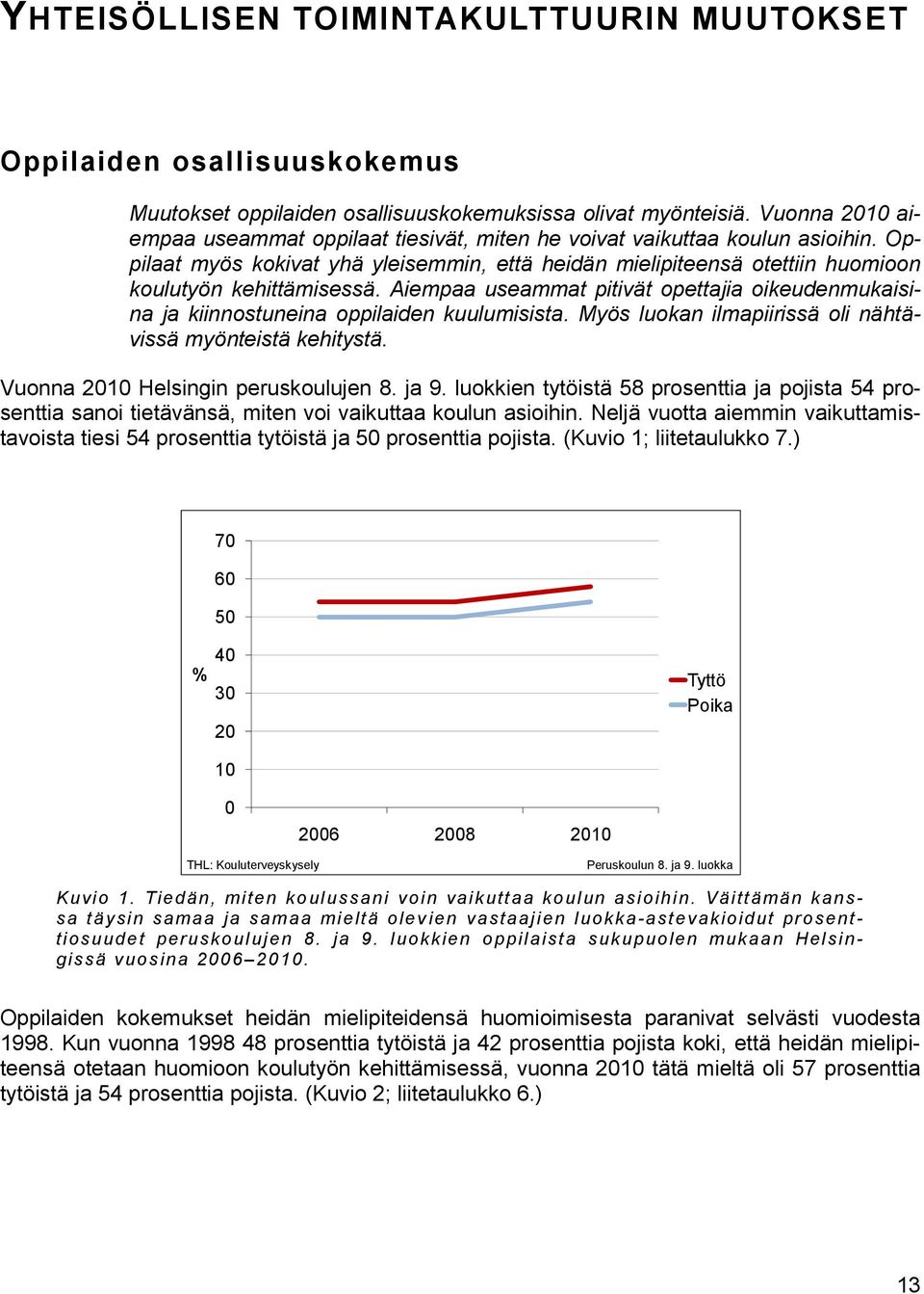 Aiempaa useammat pitivät opettajia oikeudenmukaisina ja kiinnostuneina oppilaiden kuulumisista. Myös luokan ilmapiirissä oli nähtävissä myönteistä kehitystä. Vuonna Helsingin peruskoulujen 8. ja 9.