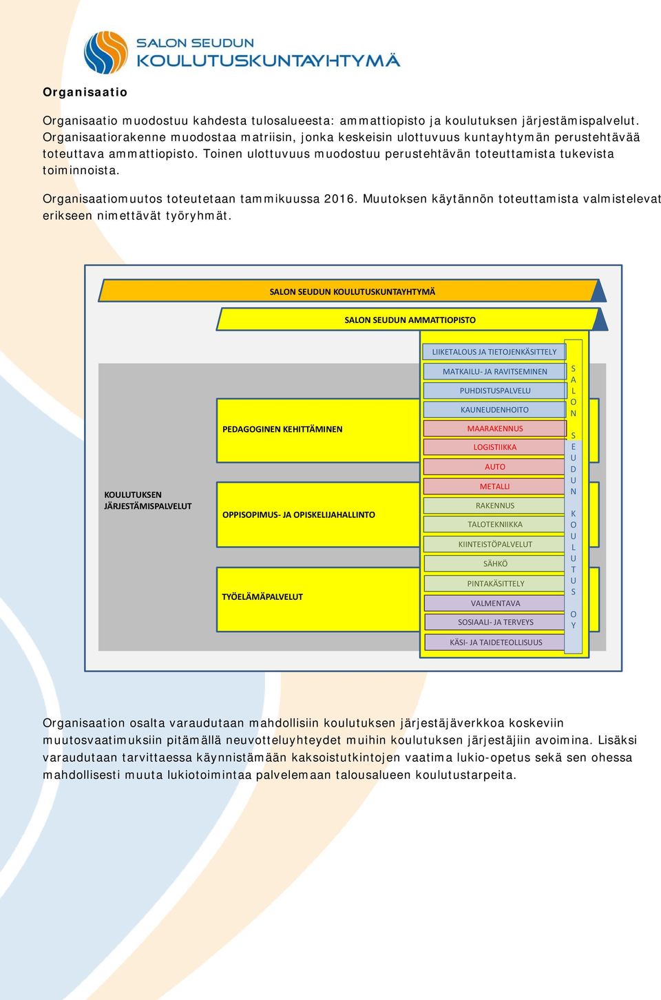 Organisaatiomuutos toteutetaan tammikuussa 2016. Muutoksen käytännön toteuttamista valmistelevat erikseen nimettävät työryhmät.