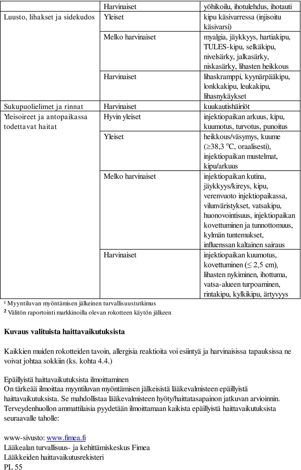 Hyvin yleiset injektiopaikan arkuus, kipu, kuumotus, turvotus, punoitus Yleiset heikkous/väsymys, kuume ( 38,3 o C, oraalisesti), injektiopaikan mustelmat, kipu/arkuus Melko harvinaiset