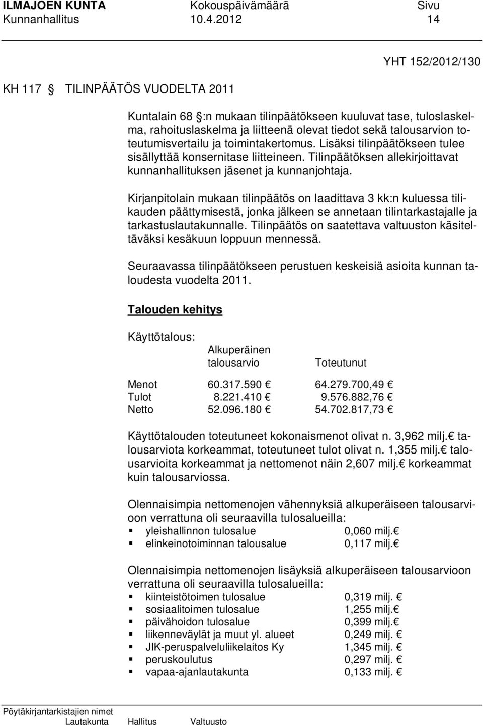 toteutumisvertailu ja toimintakertomus. Lisäksi tilinpäätökseen tulee sisällyttää konsernitase liitteineen. Tilinpäätöksen allekirjoittavat kunnanhallituksen jäsenet ja kunnanjohtaja.