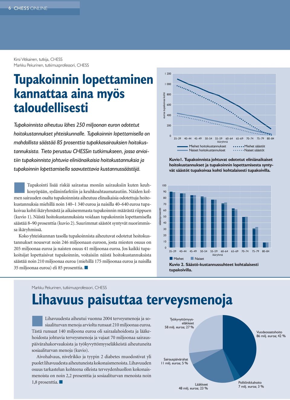 Tieto perustuu CHESSin tutkimukseen, jossa arvioitiin tupakoinnista johtuvia eliniänaikaisia hoitokustannuksia ja tupakoinnin lopettamisella saavutettavia kustannussäästöjä.