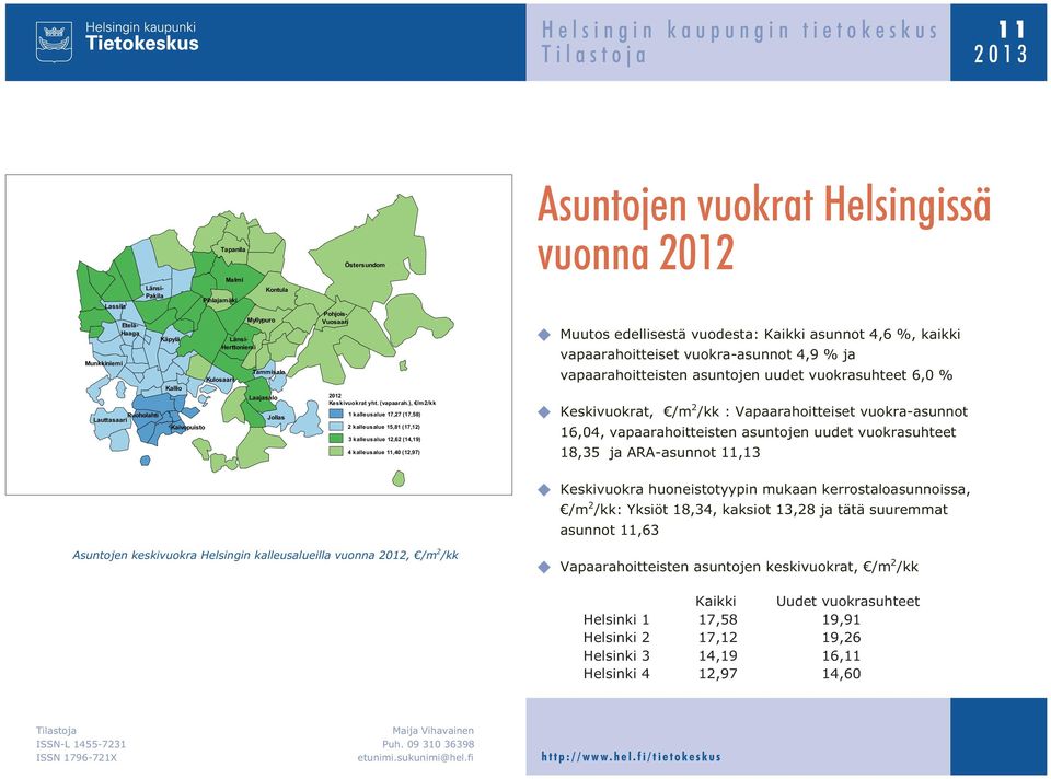 ), /m/kk 1 kalleusalue 17,7 (17,8) kalleusalue 1,81 (17,1) 3 kalleusalue 1,6 (14,19) 4 kalleusalue 11,4 (1,97) Asuntojen vuokrat Helsingissä vuonna 1 Muutos edellisestä vuodesta: Kaikki asunnot 4,6