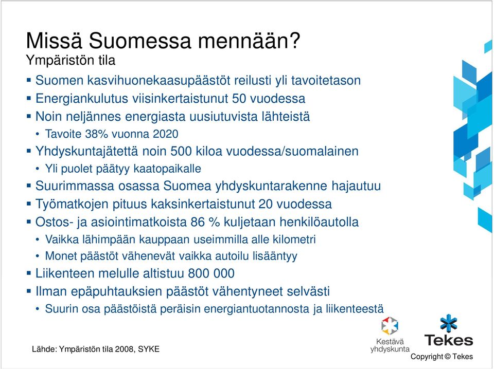 2020 Yhdyskuntajätettä noin 500 kiloa vuodessa/suomalainen Yli puolet päätyy kaatopaikalle Suurimmassa osassa Suomea yhdyskuntarakenne hajautuu Työmatkojen pituus kaksinkertaistunut 20