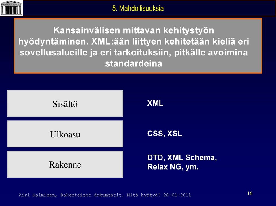 pitkälle avoimina standardeina Sisältö XML Ulkoasu Rakenne CSS, XSL DTD, XML