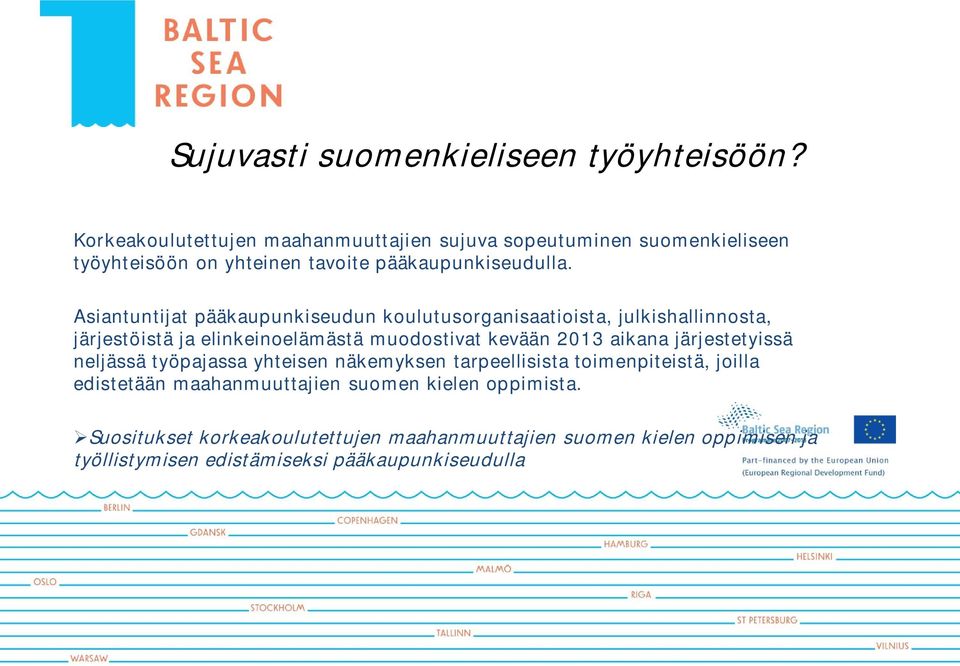 Asiantuntijat pääkaupunkiseudun koulutusorganisaatioista, julkishallinnosta, järjestöistä ja elinkeinoelämästä muodostivat kevään 2013 aikana