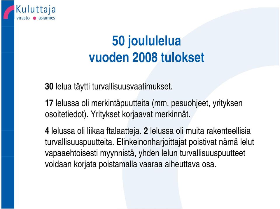 4 lelussa oli liikaa ftalaatteja. 2 lelussa oli muita rakenteellisia turvallisuuspuutteita.