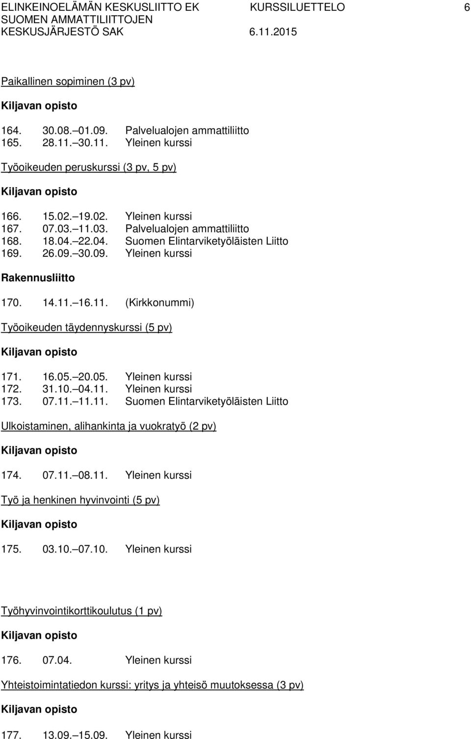 16.05. 20.05. Yleinen kurssi 172. 31.10. 04.11. Yleinen kurssi 173. 07.11. 11.11. Suomen Elintarviketyöläisten Liitto Ulkoistaminen, alihankinta ja vuokratyö (2 pv) 174. 07.11. 08.11. Yleinen kurssi Työ ja henkinen hyvinvointi (5 pv) 175.