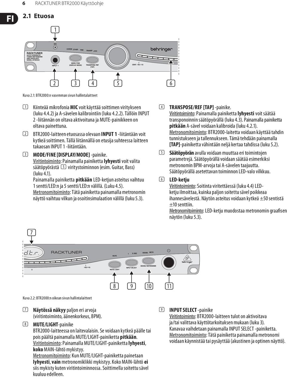 ja A-sävelen kalibrointiin (luku 4.2.2). Tällöin INPUT 2 -liitännän on oltava aktivoituna ja MUTE-painikkeen on oltava painettuna.