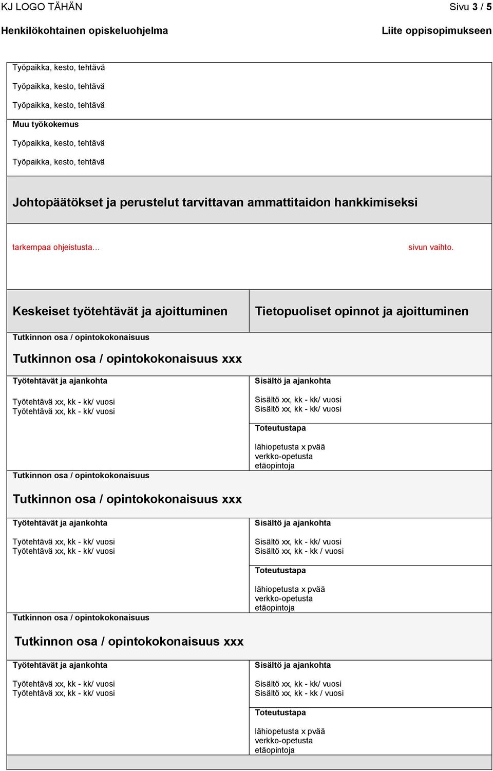 Keskeiset työtehtävät ja ajoittuminen Tietopuoliset opinnot ja ajoittuminen / opintokokonaisuus /