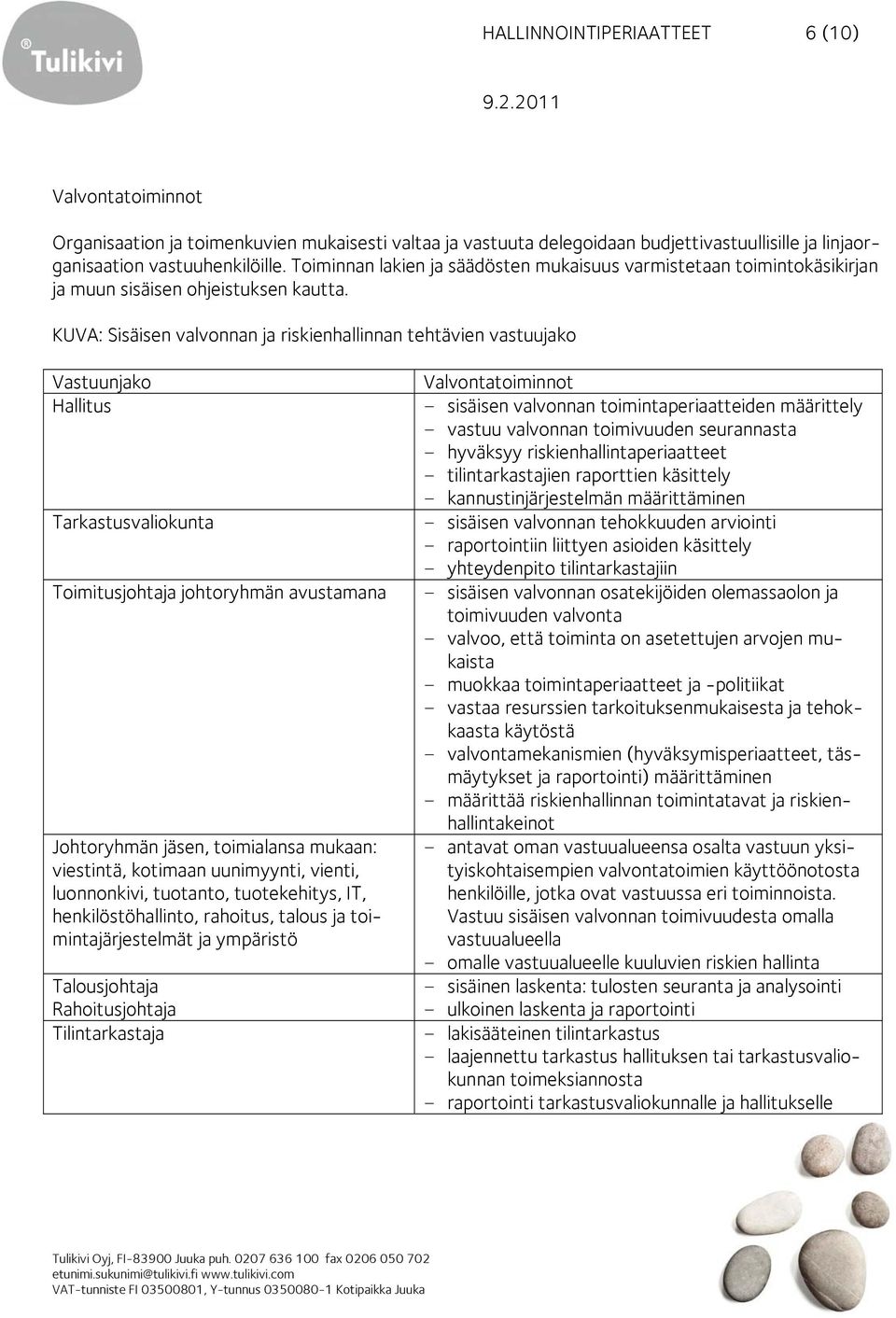 KUVA: Sisäisen valvonnan ja riskienhallinnan tehtävien vastuujako Vastuunjako Hallitus Tarkastusvaliokunta Toimitusjohtaja johtoryhmän avustamana Johtoryhmän jäsen, toimialansa mukaan: viestintä,