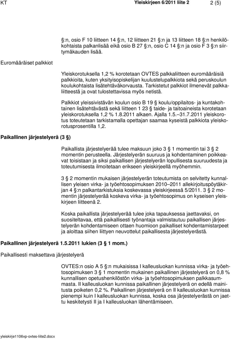 Yleiskorotuksella 1,2 % korotetaan OVTES palkkaliitteen euromääräisiä palkkioita, kuten yksityisopiskelijan kuulustelupalkkiota sekä peruskoulun koulukohtaista lisätehtäväkorvausta.