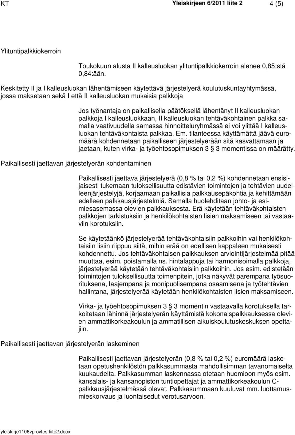 kohdentaminen Paikallisesti jaettavan järjestelyerän laskeminen Jos työnantaja on paikallisella päätöksellä lähentänyt II kalleusluokan palkkoja I kalleusluokkaan, II kalleusluokan tehtäväkohtainen