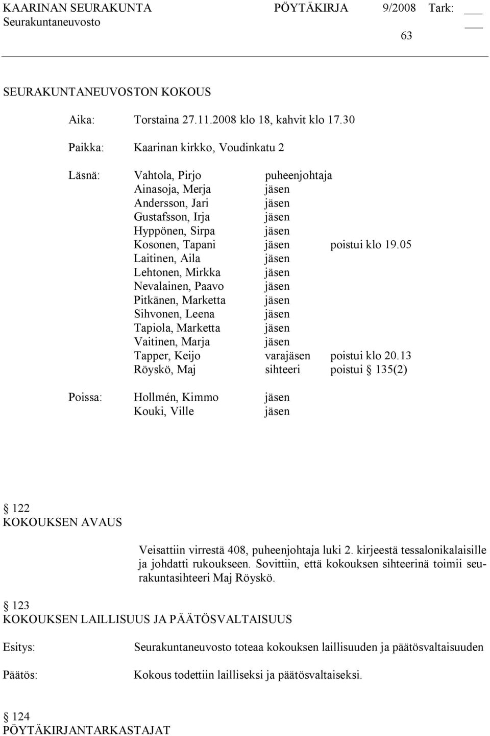 19.05 Laitinen, Aila jäsen Lehtonen, Mirkka jäsen Nevalainen, Paavo jäsen Pitkänen, Marketta jäsen Sihvonen, Leena jäsen Tapiola, Marketta jäsen Vaitinen, Marja jäsen Tapper, Keijo varajäsen poistui