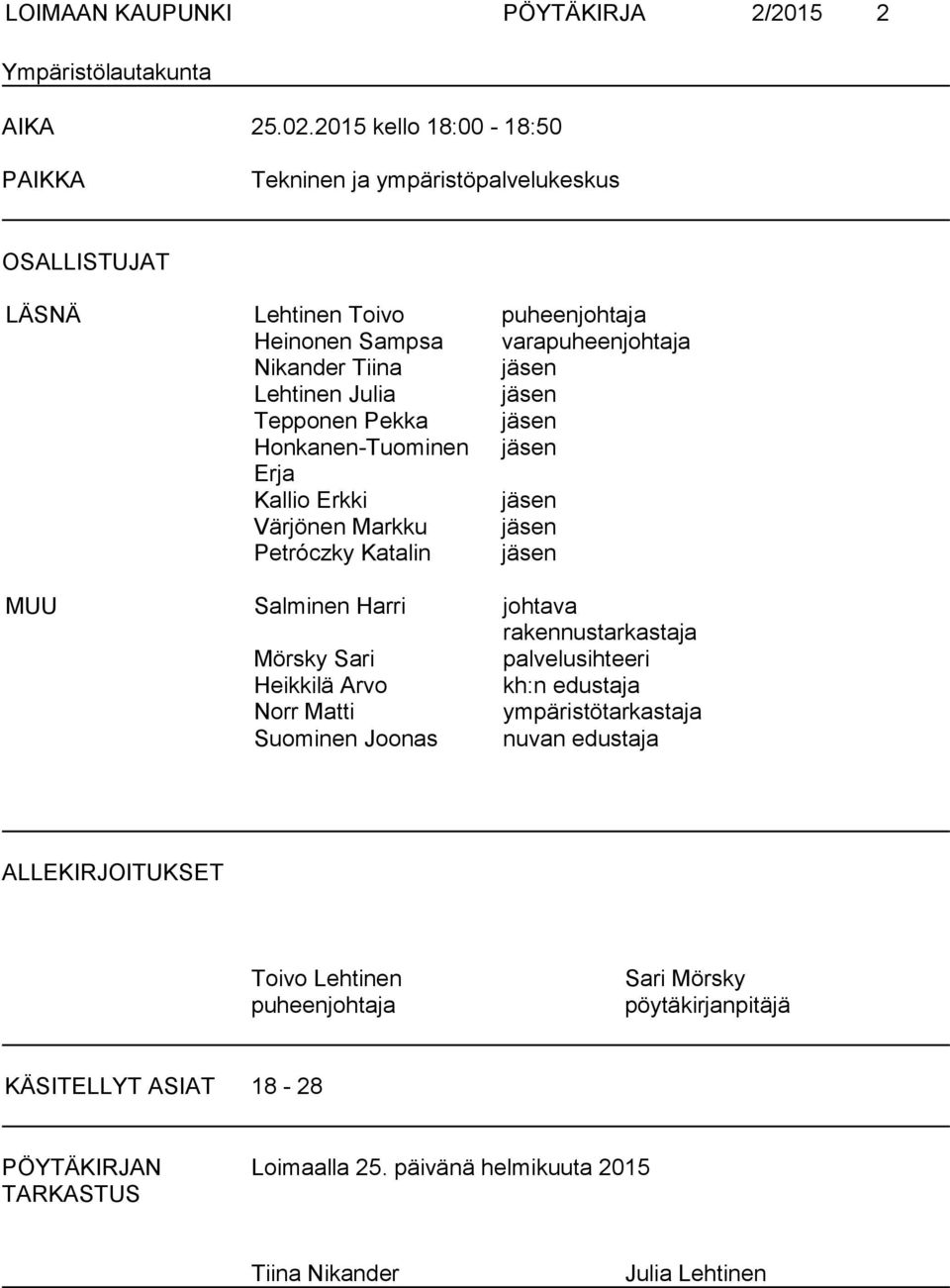 Julia jäsen Tepponen Pekka jäsen Honkanen-Tuominen jäsen Erja Kallio Erkki jäsen Värjönen Markku jäsen Petróczky Katalin jäsen MUU Salminen Harri johtava rakennustarkastaja Mörsky