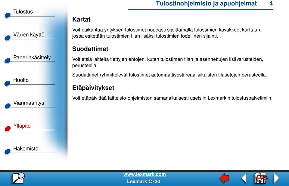 Suodattimet Voit etsiä laitteita tiettyjen ehtojen, kuten tulostimen tilan ja asennettujen lisävarusteiden, perusteella.