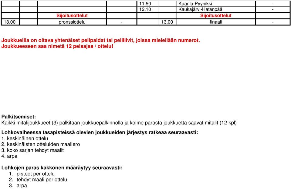 Palkitsemiset: Kaikki mitalijoukkueet (3) palkitaan joukkuepalkinnolla ja kolme parasta joukkuetta saavat mitalit (12 kpl) Lohkovaiheessa tasapisteissä olevien