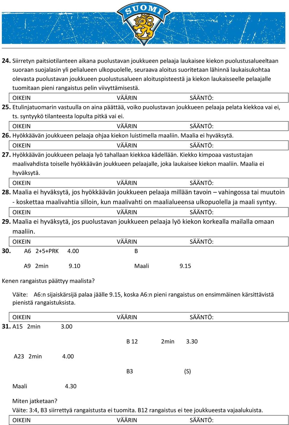 Etulinjatuomarin vastuulla on aina päättää, voiko puolustavan joukkueen pelaaja pelata kiekkoa vai ei, ts. syntyykö tilanteesta lopulta pitkä vai ei. 26.