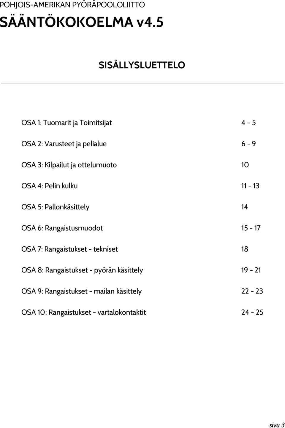 ottelumuoto 10 OSA 4: Pelin kulku 11-13 OSA 5: Pallonkäsittely 14 OSA 6: Rangaistusmuodot 15-17 OSA 7: