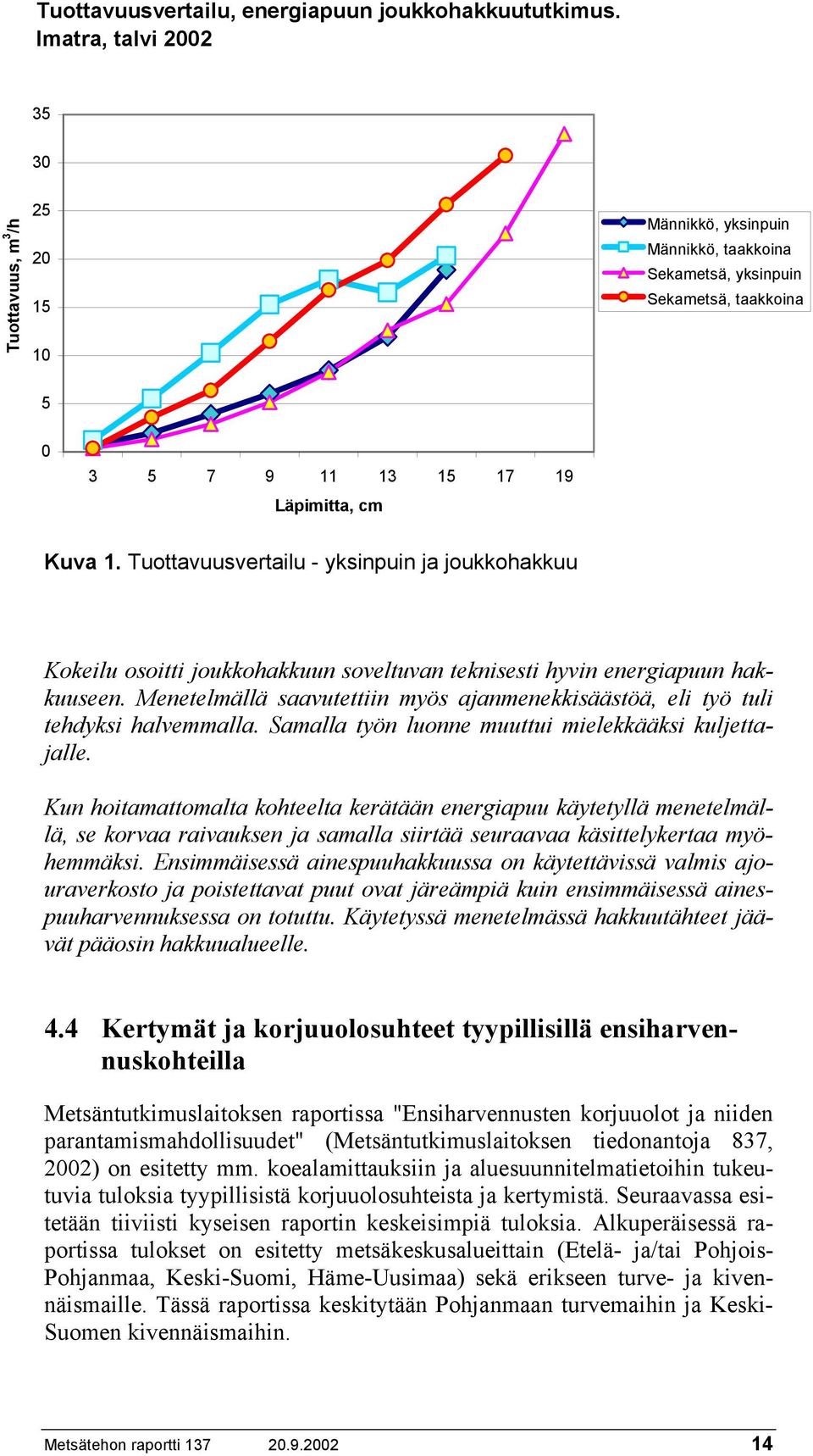 Tuottavuusvertailu - yksinpuin ja joukkohakkuu Kokeilu osoitti joukkohakkuun soveltuvan teknisesti hyvin energiapuun hakkuuseen.