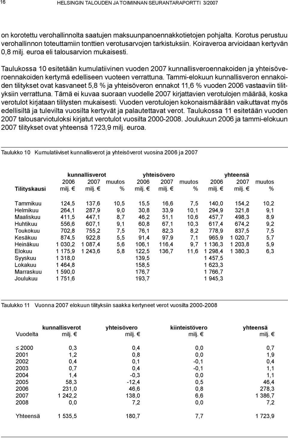 Taulukossa 10 esitetään kumulatiivinen vuoden 2007 kunnallisveroennakoiden ja yhteisöveroennakoiden kertymä edelliseen vuoteen verrattuna.