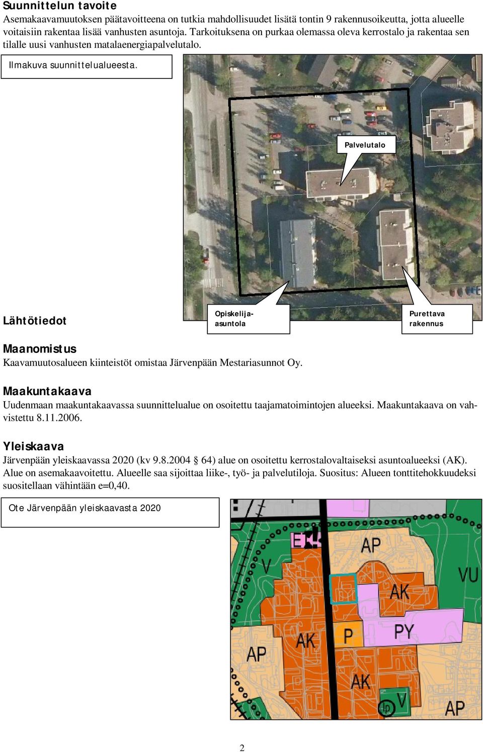 Palvelutalo Lähtötiedot Opiskelijaasuntola Purettava rakennus Maanomistus Kaavamuutosalueen kiinteistöt omistaa Järvenpään Mestariasunnot Oy.