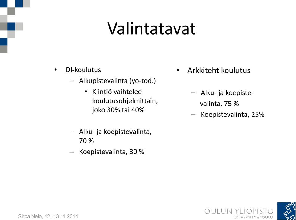 40% Arkkitehtikoulutus Alku- ja koepistevalinta, 75 %