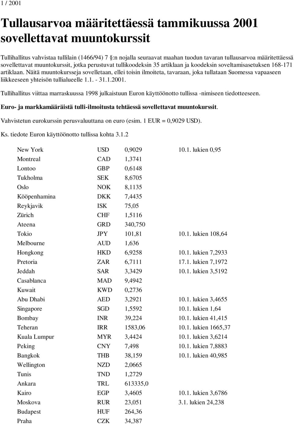 Näitä muuntokursseja sovelletaan, ellei toisin ilmoiteta, tavaraan, joka tullataan Suomessa vapaaseen liikkeeseen yhteisön tullialueelle 1.1. - 31.1.2001.