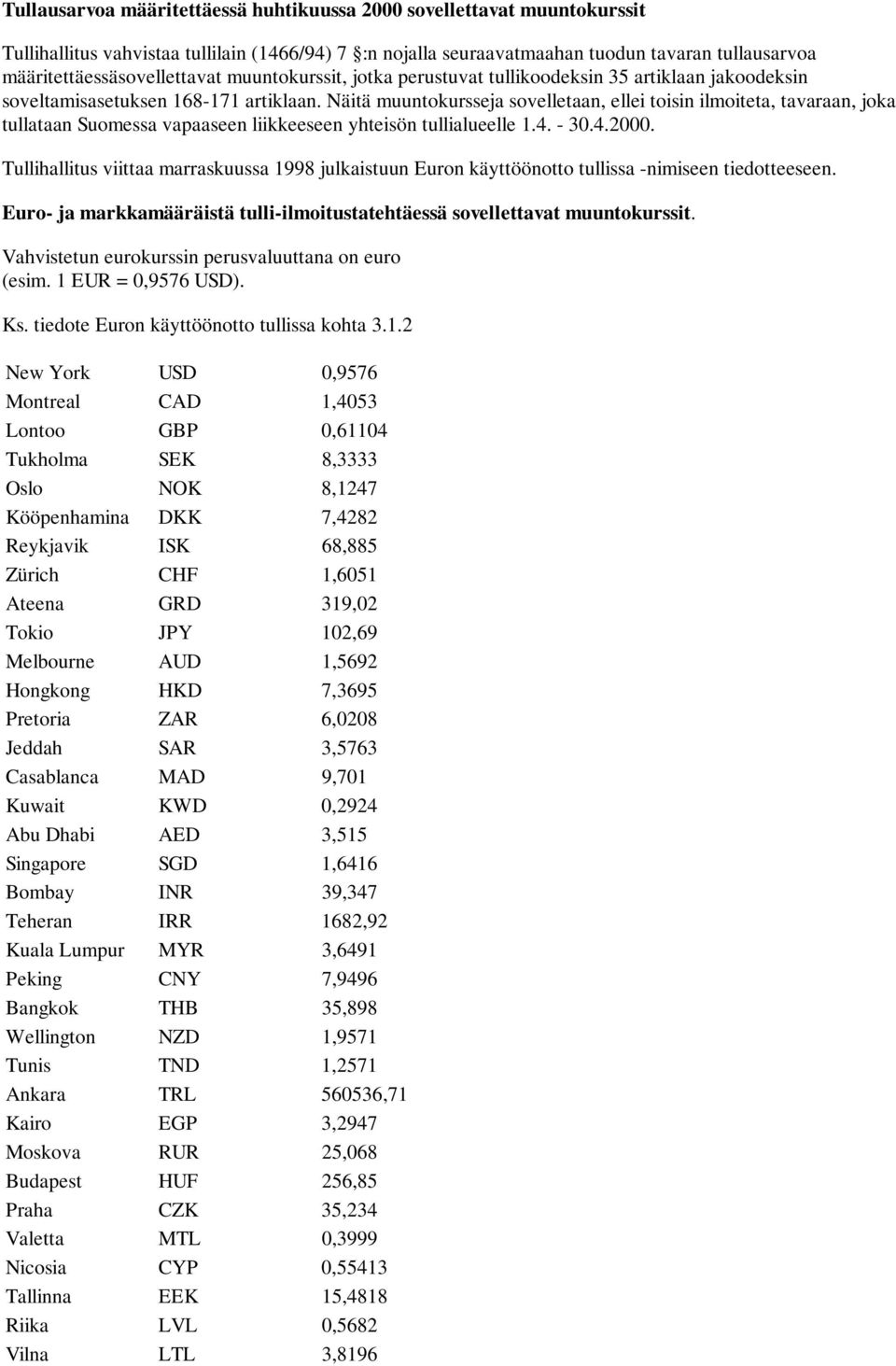 Näitä muuntokursseja sovelletaan, ellei toisin ilmoiteta, tavaraan, joka tullataan Suomessa vapaaseen liikkeeseen yhteisön tullialueelle 1.4. - 30.4.2000.