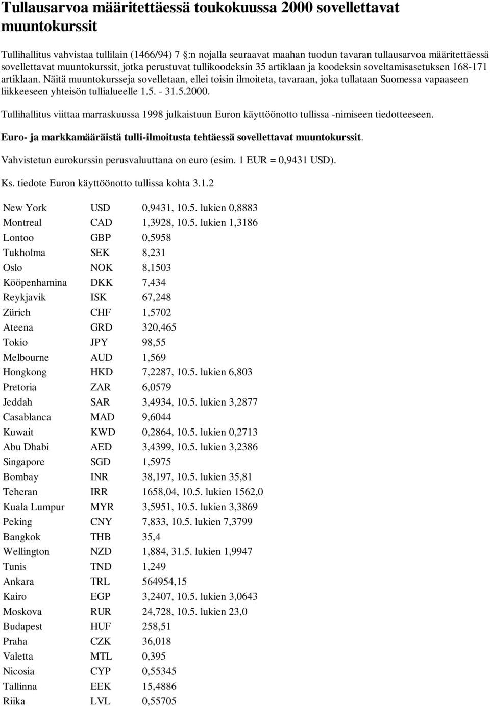 Näitä muuntokursseja sovelletaan, ellei toisin ilmoiteta, tavaraan, joka tullataan Suomessa vapaaseen liikkeeseen yhteisön tullialueelle 1.5. - 31.5.2000.