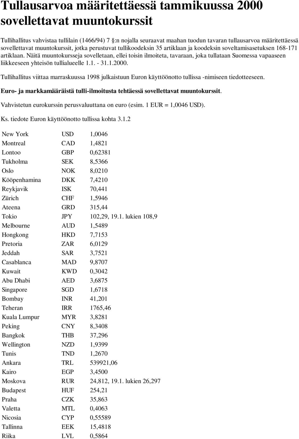 Näitä muuntokursseja sovelletaan, ellei toisin ilmoiteta, tavaraan, joka tullataan Suomessa vapaaseen liikkeeseen yhteisön tullialueelle 1.1. - 31.1.2000.