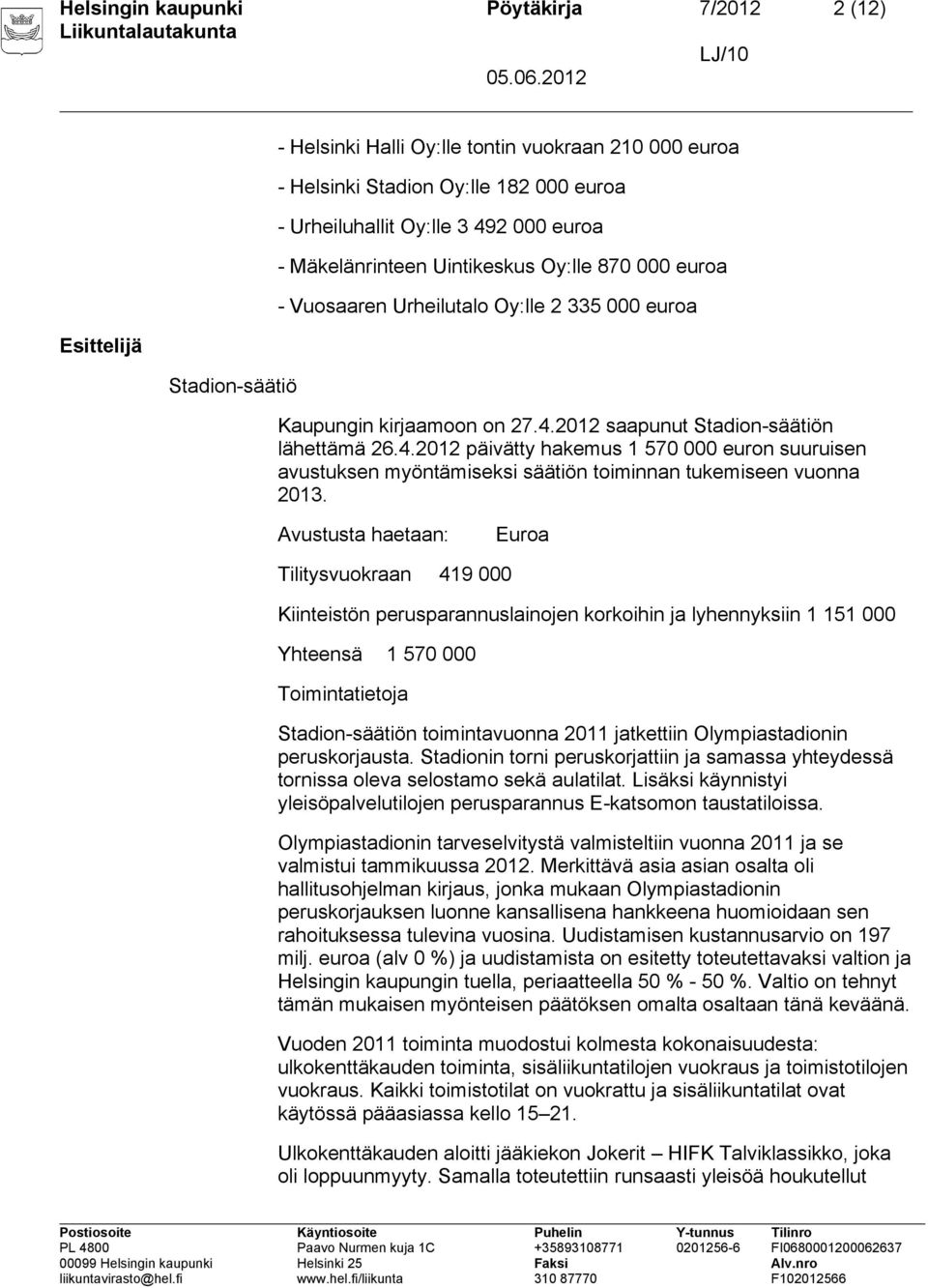 2012 saapunut Stadion-säätiön lähettämä 26.4.2012 päivätty hakemus 1 570 000 euron suuruisen avustuksen myöntämiseksi säätiön toiminnan tukemiseen vuonna 2013.