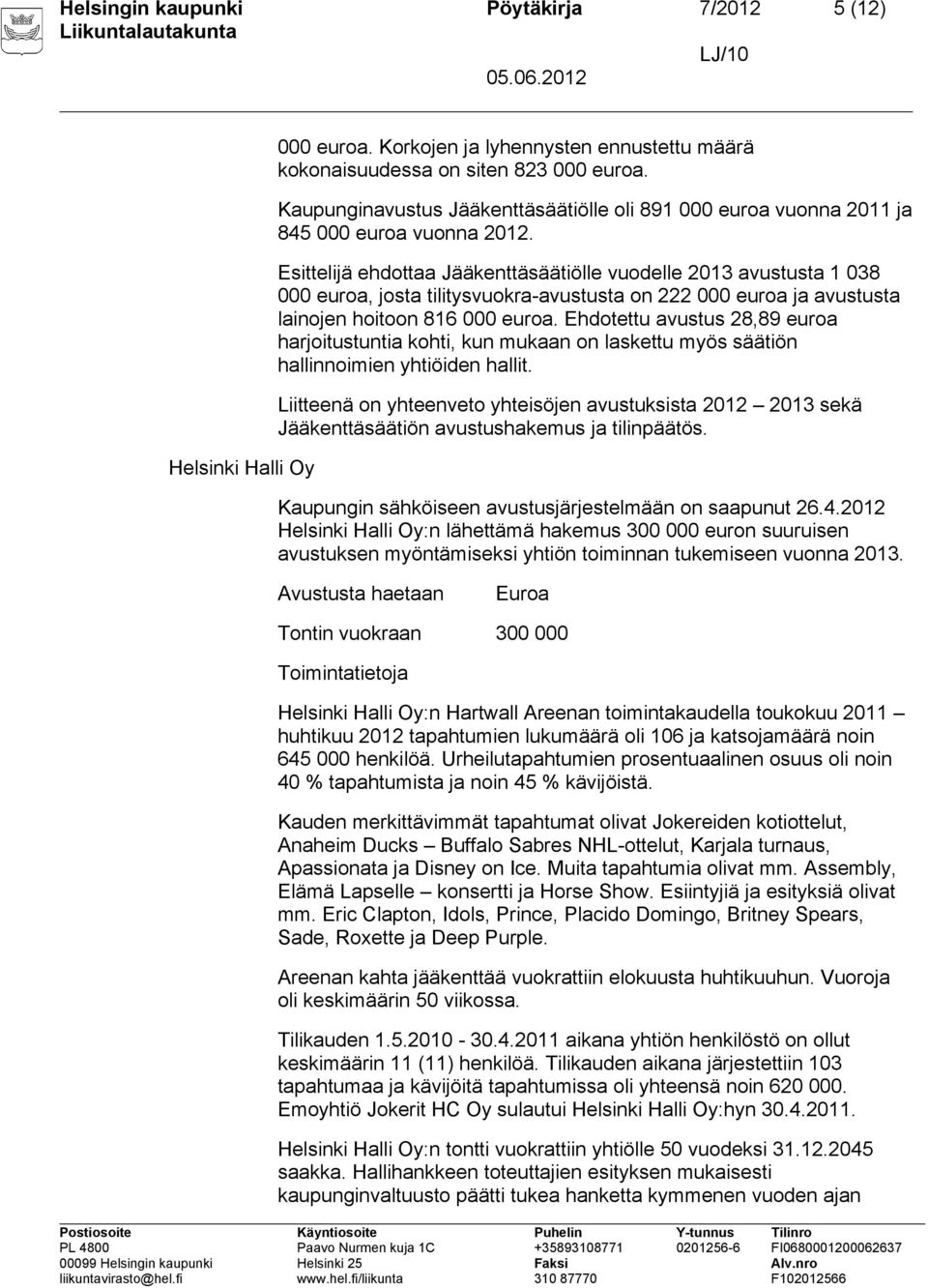 Esittelijä ehdottaa Jääkenttäsäätiölle vuodelle 2013 avustusta 1 038 000 euroa, josta tilitysvuokra-avustusta on 222 000 euroa ja avustusta lainojen hoitoon 816 000 euroa.