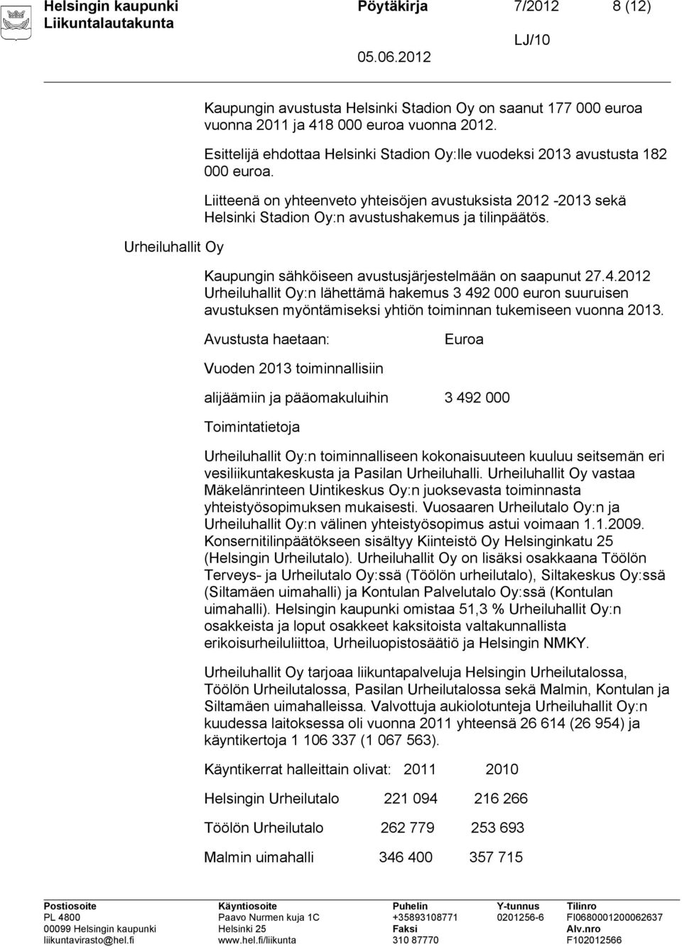 Kaupungin sähköiseen avustusjärjestelmään on saapunut 27.4.2012 Urheiluhallit Oy:n lähettämä hakemus 3 492 000 euron suuruisen avustuksen myöntämiseksi yhtiön toiminnan tukemiseen vuonna 2013.