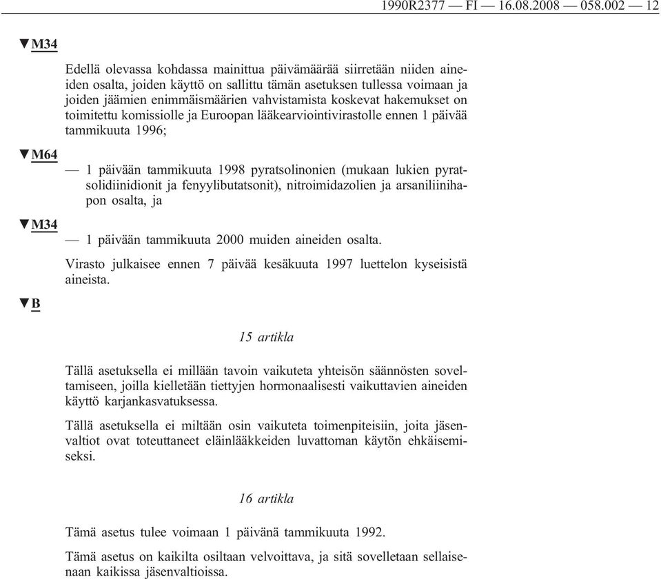 vahvistamista koskevat hakemukset on toimitettu komissiolle ja Euroopan lääkearviointivirastolle ennen 1 päivää tammikuuta 1996; 1 päivään tammikuuta 1998 pyratsolinonien (mukaan lukien