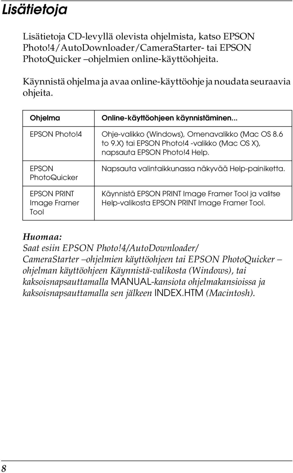 X) tai EPSON Photo!4 -valikko (Mac OS X), napsauta EPSON Photo!4 Help. EPSON PhotoQuicker EPSON PRINT Image Framer Tool Napsauta valintaikkunassa näkyvää Help-painiketta.