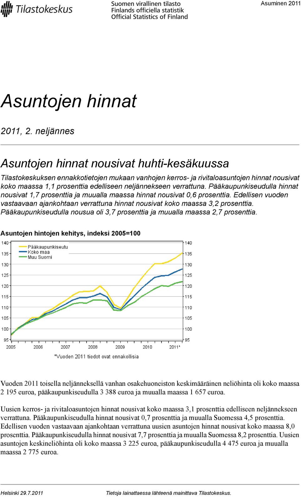 verrattuna. Pääkaupunkiseudulla hinnat nousivat 1,7 prosenttia ja muualla maassa hinnat nousivat 0,6 prosenttia.