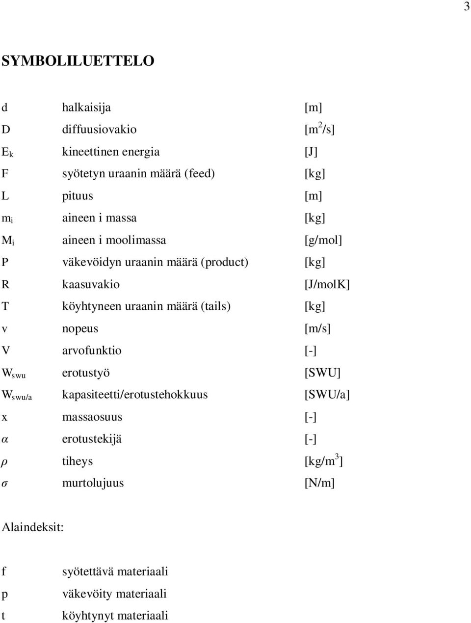 uraanin määrä (tails) [kg] v nopeus [m/s] V arvofunktio [-] W swu erotustyö [SWU] W swu/a kapasiteetti/erotustehokkuus [SWU/a] x