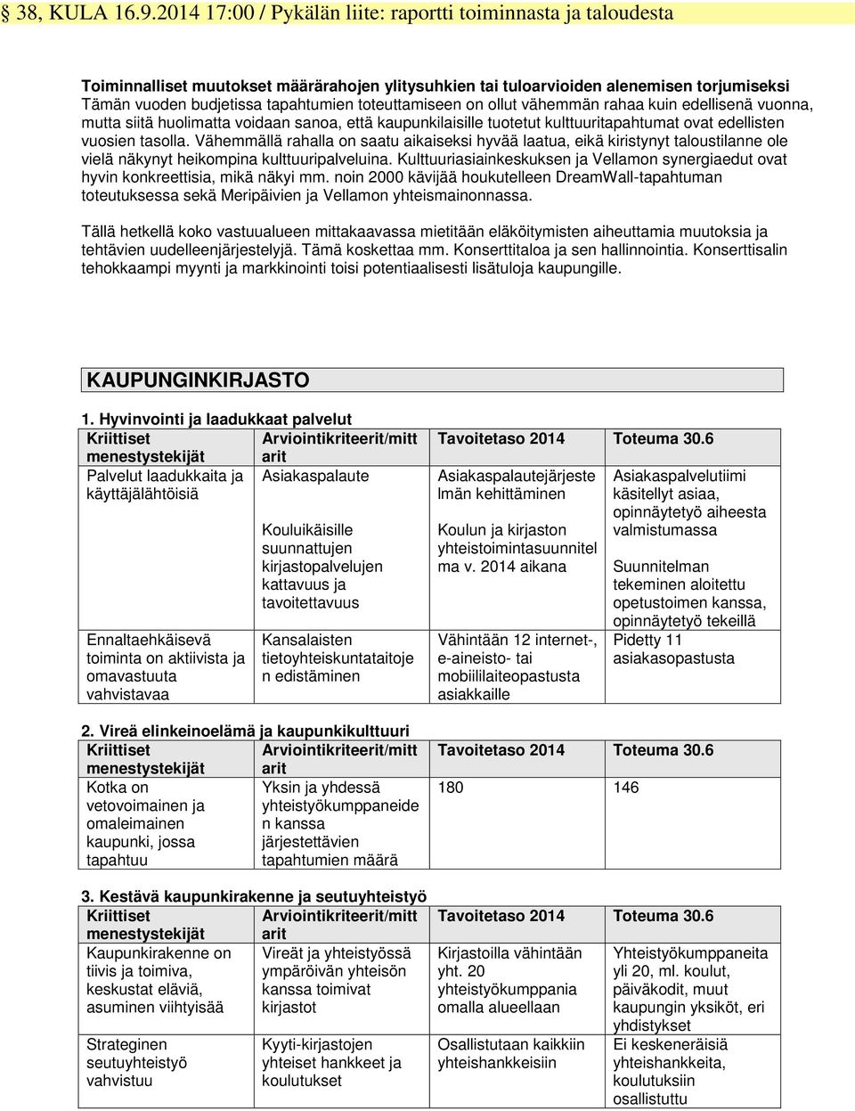 toteuttamiseen on ollut vähemmän rahaa kuin edellisenä vuonna, mutta siitä huolimatta voidaan sanoa, että kaupunkilaisille tuotetut kulttuuritapahtumat ovat edellisten vuosien tasolla.