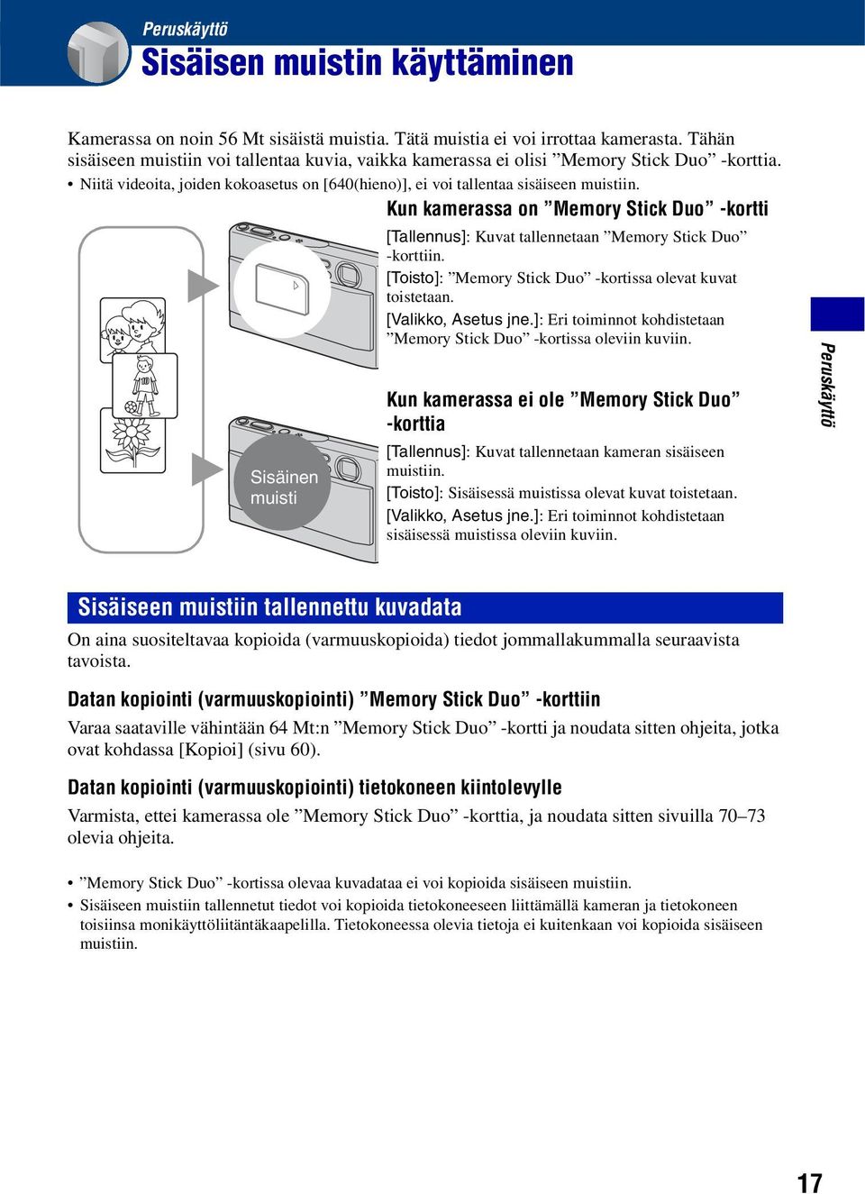 Kun kamerassa on Memory Stick Duo -kortti [Tallennus]: Kuvat tallennetaan Memory Stick Duo -korttiin. [Toisto]: Memory Stick Duo -kortissa olevat kuvat B toistetaan. [Valikko, Asetus jne.