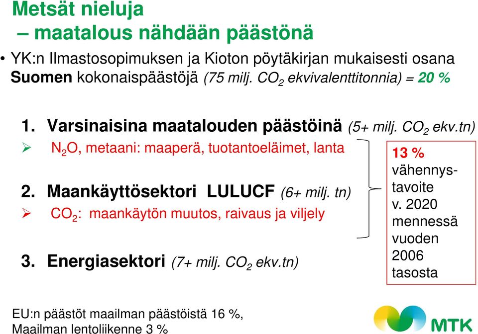 Maankäyttösektori LULUCF (6+ milj. tn) CO 2 : maankäytön muutos, raivaus ja viljely 3. Energiasektori (7+ milj. CO 2 ekv.