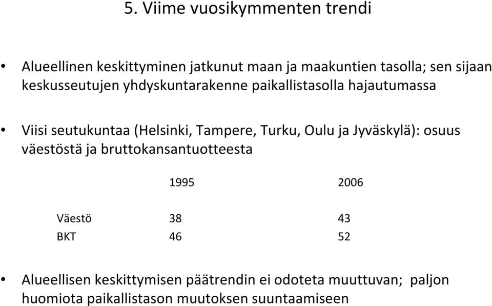 Turku, Oulu ja Jyväskylä): osuus väestöstä ja bruttokansantuotteesta 1995 2006 Väestö 38 43 BKT 46 52