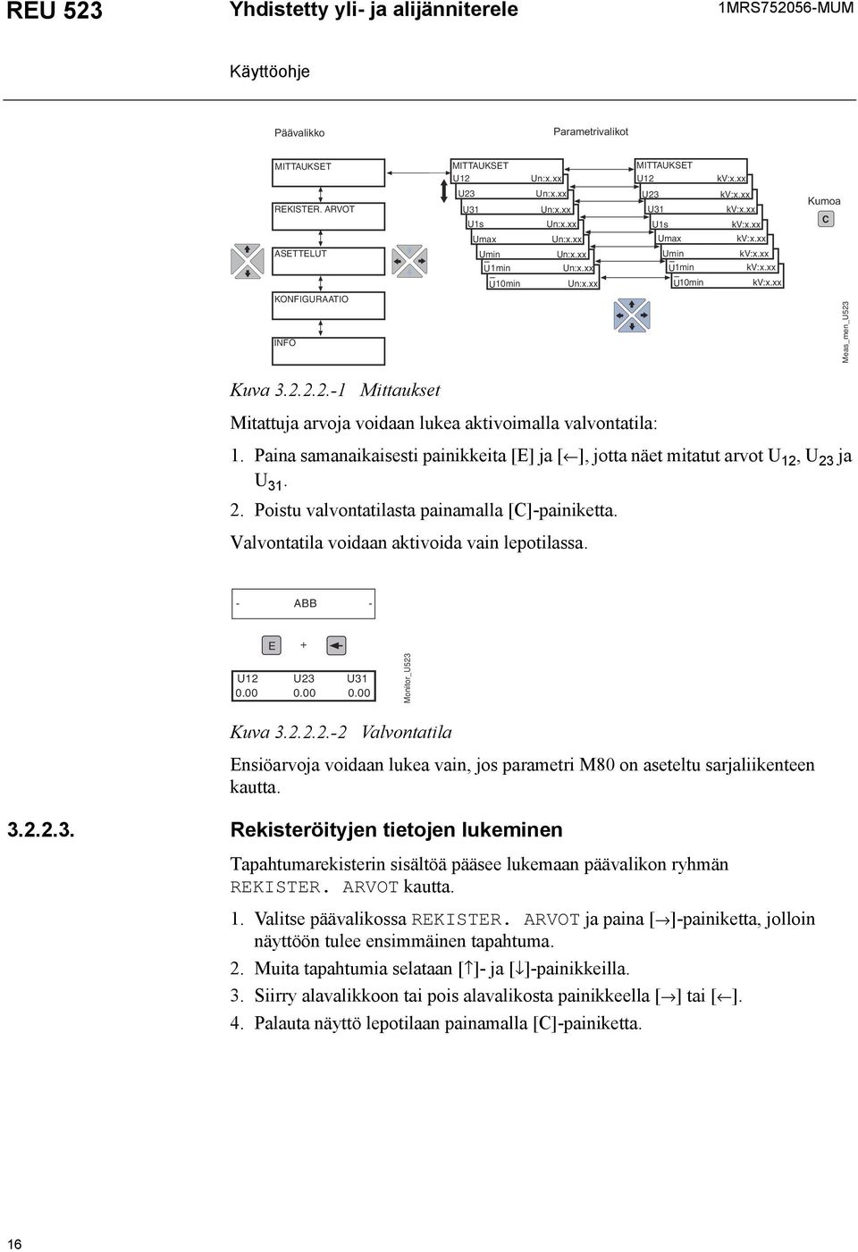 Kuva 3.2.2.2.-1 Mittaukset Mitattuja arvoja voidaan lukea aktivoimalla valvontatila: 1. Paina samanaikaisesti painikkeita [E] ja [ ], jotta näet mitatut arvot U 12, U 23